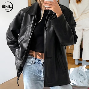 Blouson aviateur classique en cuir noir pour femme, coupe droite surdimensionnée en mouton Blouson en cuir pour femme Blouson en cuir pour femme Blouson en cuir souple pour femme