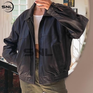 90s Oversized Black Leather Jacket: Distressed Retro Streetwear