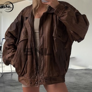 Blouson aviateur classique en cuir marron pour femme, Blouson surdimensionné en cuir de mouton coupe droite, Blouson en cuir pour femme, Blouson en cuir souple pour femme