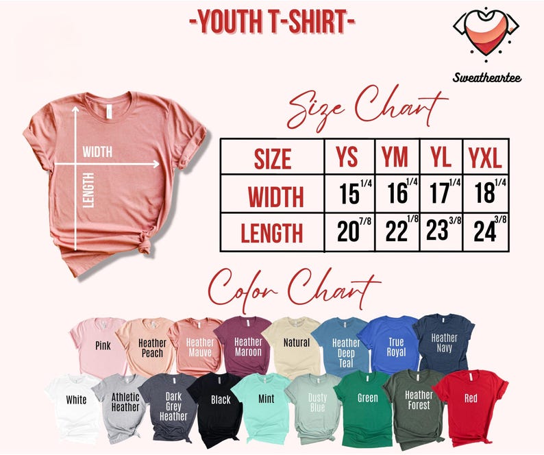 May include: A pink youth t-shirt with a size chart showing width and length measurements in inches. The color chart displays various t-shirt colors, including white, black, and red. The text "-YOUTH T-SHIRT-" is at the top.