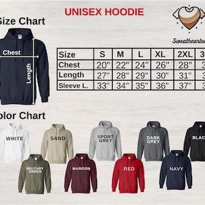 May include: A navy blue unisex hoodie with a size chart and color options. The size chart shows chest measurements from 20 to 30 inches. Color options include white, sand, sport grey, dark grey, black, military green, maroon, red, and navy.