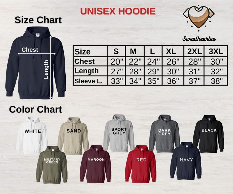 May include: A navy blue unisex hoodie with a size chart and color options. The size chart shows chest measurements from 20 to 30 inches. Color options include white, sand, sport grey, dark grey, black, military green, maroon, red, and navy.