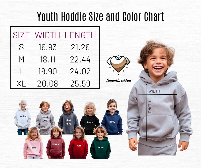 May include: A youth hoodie size and color chart with measurements in inches. The chart includes sizes S, M, L, and XL, with corresponding width and length measurements. The image also shows a child wearing a gray hoodie and examples of hoodie colors.