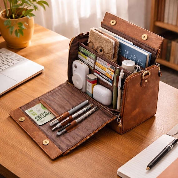 Leather Organizer Bag for Work & Travel, Zippered Desk Organizer with Card Slots