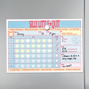 May include: A colorful "Silly Little Quit" chart, held by a magnet. The chart is designed to track progress with star ratings and check boxes. Text includes "I deserve to live a long, happy life" and "new boots!!".