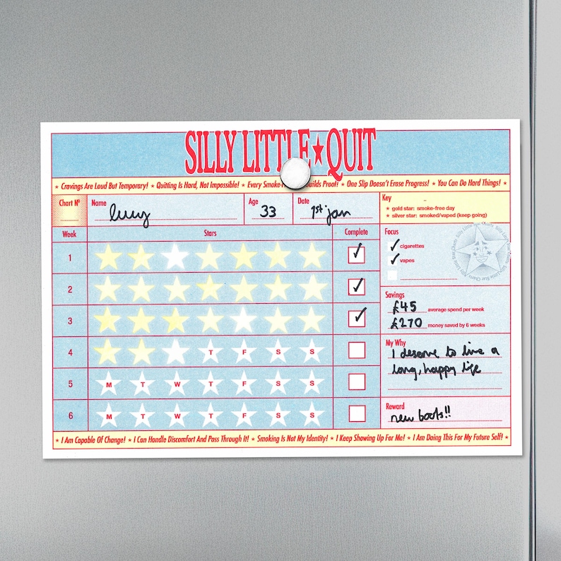 May include: A colorful "Silly Little Quit" chart, held by a magnet. The chart is designed to track progress with star ratings and check boxes. Text includes "I deserve to live a long, happy life" and "new boots!!".