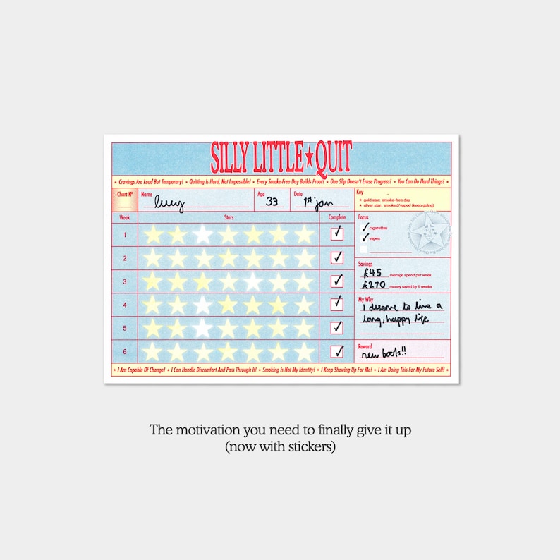 May include: A motivational chart titled "SILLY LITTLE QUIT" with a blue and red design. It includes sections for tracking progress with star ratings and check boxes. The chart has handwritten notes and the text "new boots!!".
