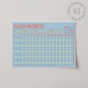 Può includere: Un grafico di monitoraggio mensile rettangolare intitolato SILLY LITTLE STAR CHARTS con uno sfondo a griglia azzurro e verde. Presenta righe per nomi, mesi, obiettivi e premi, con colonne numerate da 1 a 31 e un'icona a forma di stella.