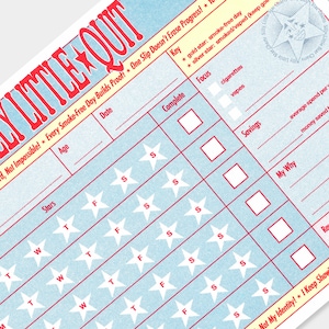 May include: A blue and red quit smoking chart with the words "LITTLE QUIT" at the top. The chart includes sections for tracking progress, savings, and personal goals. It features star graphics and checkboxes.