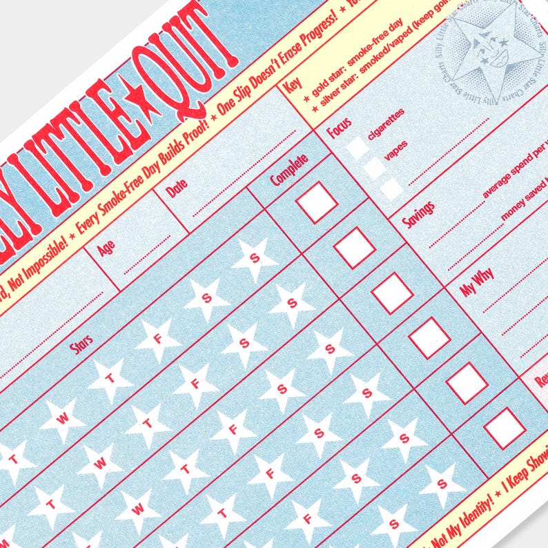 May include: A blue and red quit smoking chart with the words "LITTLE QUIT" at the top. The chart includes sections for tracking progress, savings, and personal goals. It features star graphics and checkboxes.