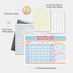 May include: A kit with a motivational theme, including a fridge magnet, stickers, and a chart. The chart has a blue background with star graphics and the text "SILLY LITTLE QUIT". The kit includes 54 gold and 54 silver star stickers.