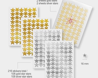 Adesivi a forma di stella metallizzata oro e argento (4 fogli/216 pezzi), tabella dei premi, adesivi a forma di stella buffa, tabella per adulti o bambini, materiale didattico