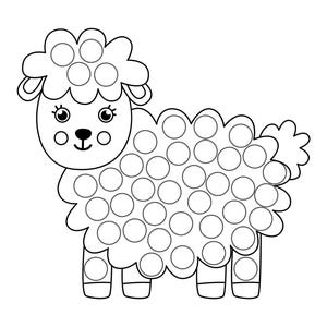May include: A black and white line drawing of a sheep with a fluffy head and a body made of circles. The sheep has a cute face with big eyes and a small nose.
