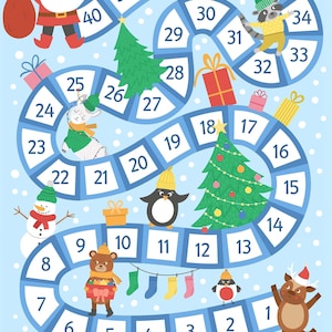 May include: A whimsical Christmas-themed board game illustration. The blue game board features a winding path with numbered spaces, festive characters like Santa, a snowman, and a reindeer, and holiday elements such as gifts and Christmas trees.