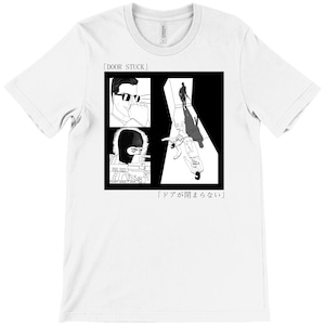 May include: White t-shirt featuring a black and white comic strip design. The graphic includes three panels with illustrations of a person in sunglasses, a person in a balaclava, and a figure in a doorway. Text reads "DOOR STUCK" and Japanese text.