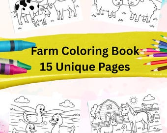 Farm Coloring Book for Kids – 15 Unique Pages – A4 Landscape – Printable Farm Animals and Tractor Activity Book Toddlers and Preschoolers