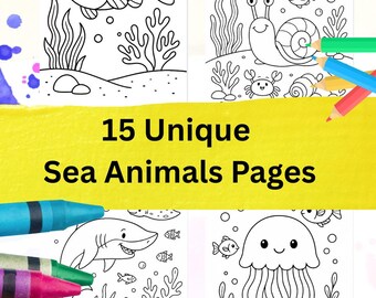 Può includere: Un libro da colorare con 15 pagine uniche di animali marini. Le pagine presentano disegni a tratto di varie creature marine, tra cui pesci, uno squalo, una medusa e una stella marina. Pastelli e schizzi di acquerello sullo sfondo.