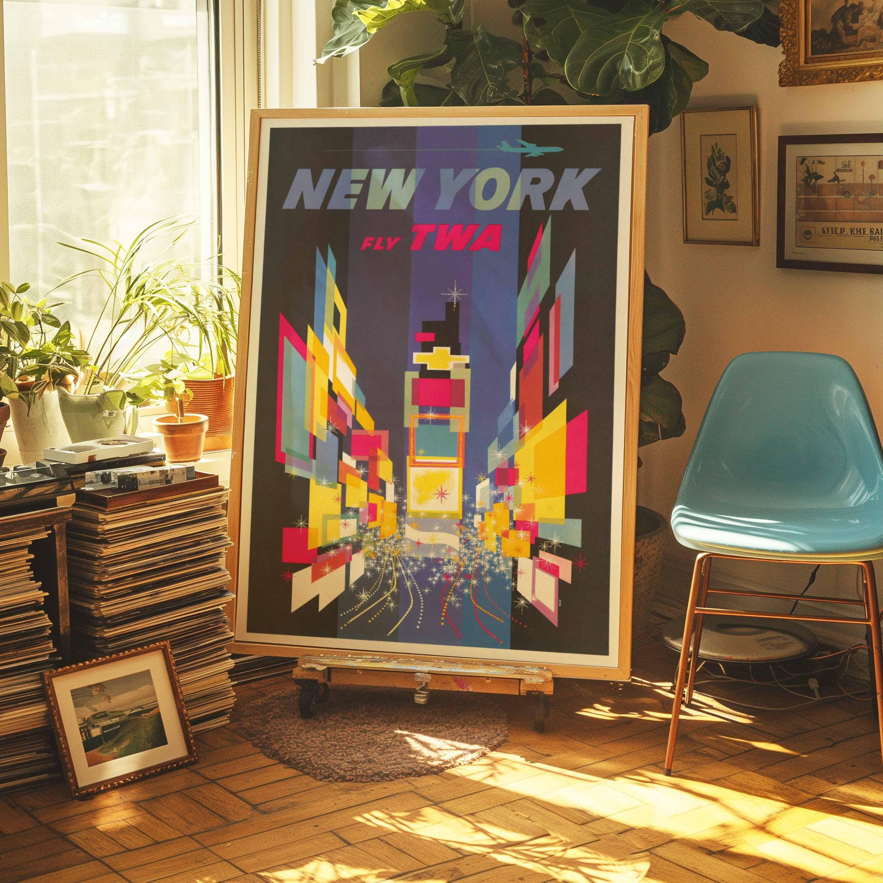 Vintage TWA New York Travel Poster | Mid-century Times Square Art