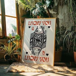 Poster vintage della Regina di Cuori / Carta artistica Lucky You / Decorazione murale con carte da gioco retrò / Decorazione unica per la casa in stile Boho