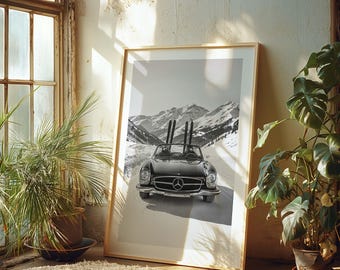 Vintage Mercedes-Benz Skiing Poster: Classic Car Wall Art