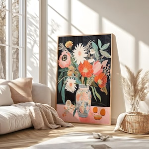 Impresión artística de jarrón floral colorido / Póster botánico moderno / Decoración elegante para el hogar / Ilustración de naturaleza de inspiración vintage