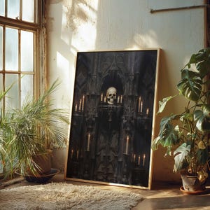 Gothic Skull and Candles Halloween Wall Art | Dark Aesthetic Decor | Spooky Home Accents | Vintage-Inspired Haunted Print