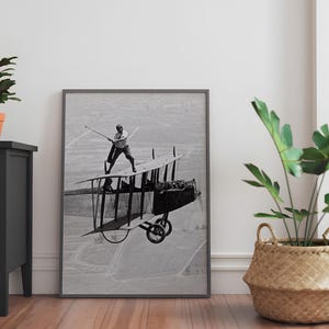 Golf on Airplane Poster | Vintage Sports Art | Black and White Photo | Golfer on Plane | Retro Wall Decor | Classic Aviation Print