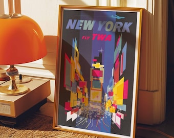 Vintage TWA New York Travel Poster | Mid-Century Times Square Art Print