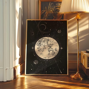 Hemelse maanfase kunstafdruk | Vintage ruimteposter | Kosmisch wanddecoratie | Cadeau voor astronomieliefhebber | Donkere esthetische woonkunst