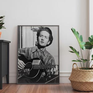 1950s Folk Music Icon Poster | Black & White Guitar Art | Woody Guthrie
