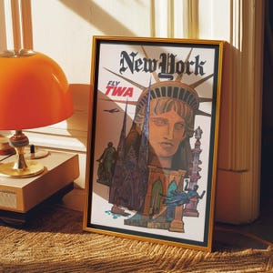 Vintage New York Travel Poster | Statue of Liberty Art Print | Retro TWA Airline Decor | Mid-Century Wall Art for Home