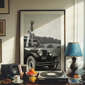Golfer Plays Golf On Top Of A Car Poster | Black and White Wall Art | Iconic Poster | Aesthetic Vintage Wall Art | Antique Car Print