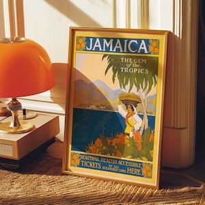 Jamaica Travel Poster Art | Vintage Tropical Decor | Retro Caribbean Artwork | Gem of the Tropics | Colorful Wall Art Print