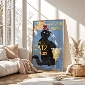 Vintage Cat Bitters Poster | Retro Mixology Kunst | Cocktail Dekor mit schwarzer Katze | Abstrakte Getränkewandkunst