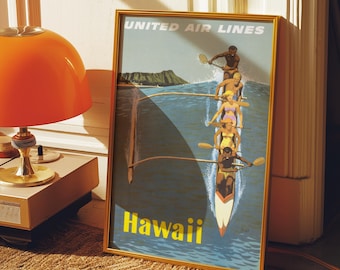 Póster de viaje hawaiano vintage / Arte de remo de United Airlines / Decoración náutica retro / Impresión de aventuras de los años 50