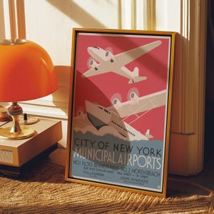 Vintage NYC Municipal Airports Art Print | Retro Aviation Poster | Airplane Travel Decor | Classic Travel Wall Art