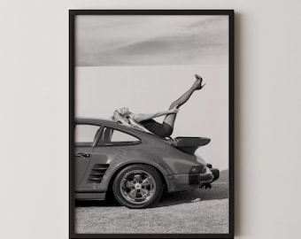 Vintage Porsche Poster: Black & White Car Photography, 1970s Glamour