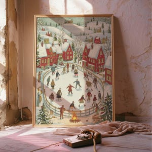 Vintage Christmas Town Art Print | Snowy Winter Village Scene
