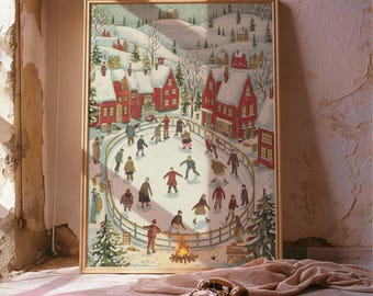 Vintage Christmas Town Art Print | Snowy Winter Village Scene