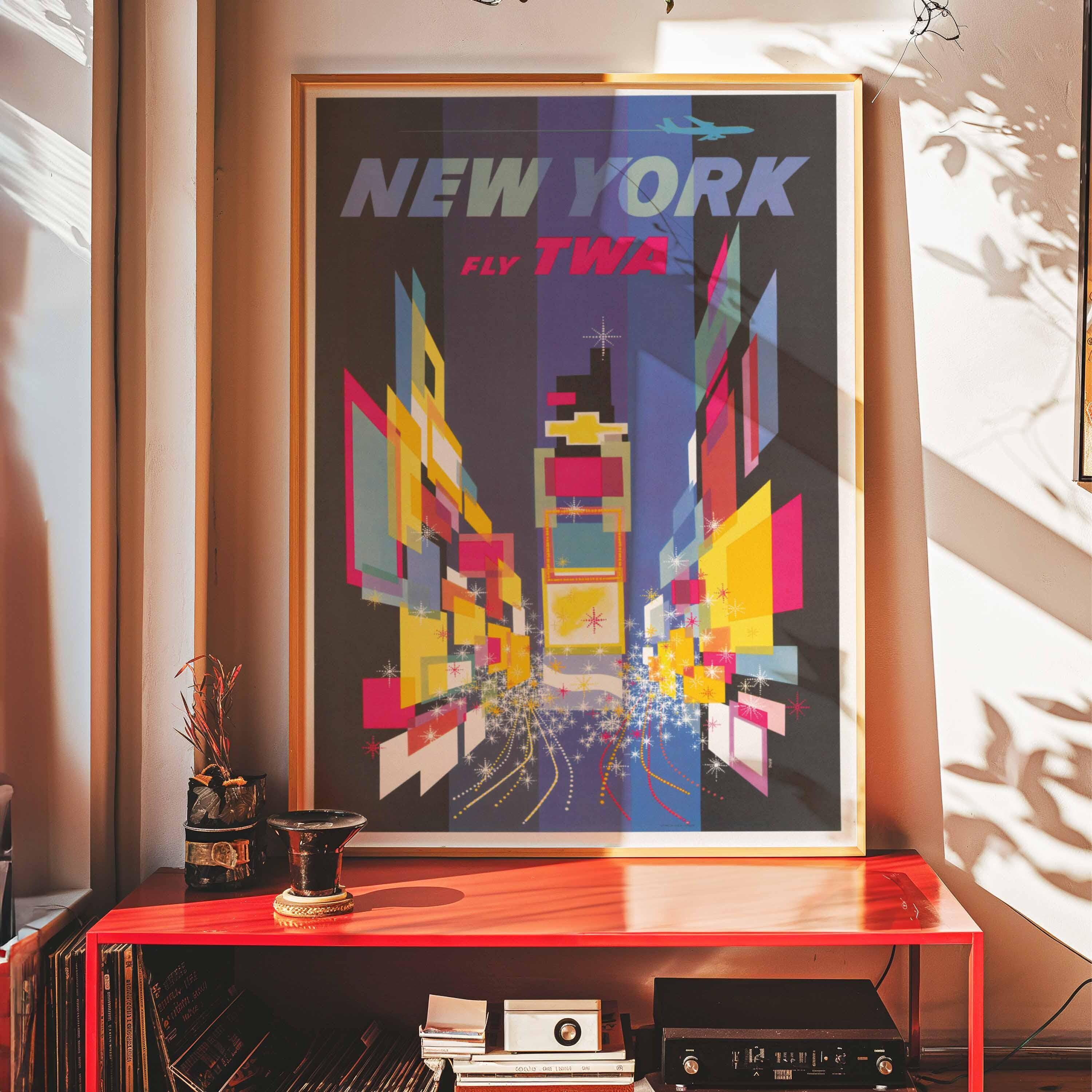 Vintage TWA New York Travel Poster | Mid-century Times Square Art