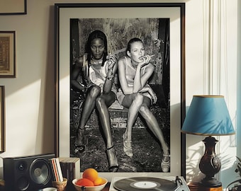 Kate Moss and Naomi Campbell Poster | Black and White Vintage Fashion Photography Print | Glamorous Models Art | Retro Chic Wall Decor