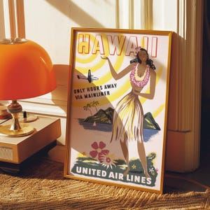 Hawaii Vintage Reiseplakat | Mid-Century Luftfahrt Kunst | Retro Hawaiianisches Dekor | United Fluglinien Wall Art Print