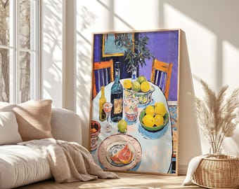 Pintura de naturaleza muerta vintage / Impresión artística de mesa de cocina colorida