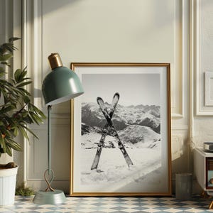 Vintage Black and White Ski Poster | Mountain Snow Decor | Retro Winter Sports Art | Classic Snowboard Wall Art for Cabin Cottage