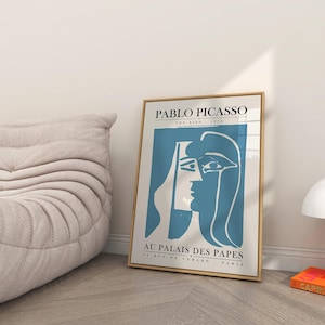Impresión enmarcada de rostro y máscara de Picasso / Póster de exposición de Picasso / Impresión de arte minimalista / Póster de exposición de museo / Picasso besándose