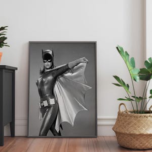 Retro Superhero Poster | Crime Fighting Batgirl Print | Yvonne Craig Photo | Vintage Superhero Print | Monochrome Publicity Photograph