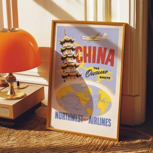 Retro China Travel Poster | Northwest Airlines Vintage Art | Overland Route Wall Decor | Mid-Century Aviation Print