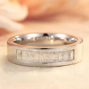 Bague en moissanite taille baguette, demi-bague d&#39;éternité en or blanc 14 carats, alliance diamants baguette, jonc empilable, jonc assorti