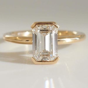 2.00CT Emerald Cut Lab Grown Diamond Engagement Ring, 14K Yellow Gold Diamond Ring, Half Bezel Set Promise Ring, Anniversary Ring, For Gift