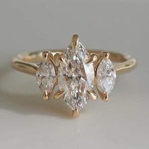 Three Stone Moissanite Engagement Ring, Unique Marquise Cut Engagement Ring, Cathedral Setting Wedding Bridal Ring for Anniversary Gifts